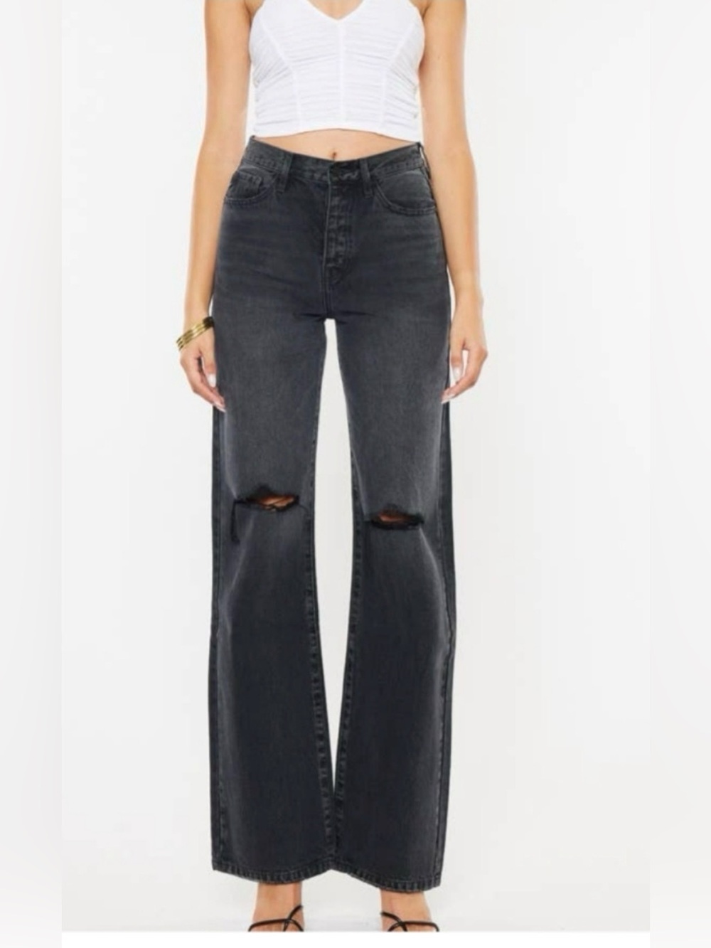 KANCAN Wide Leg Ultra High Rise 90’s Flare Distressed Dark Gray Jeans EUC